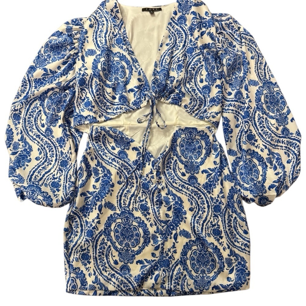FORE Blue White Porcelain Print Cutout Mini Dress Boho Balloon Sleeve Size M